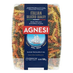 AGNESI Eliche Tricolor pasta in 500g package, dry grocery product with colorful twisted pasta shapes.