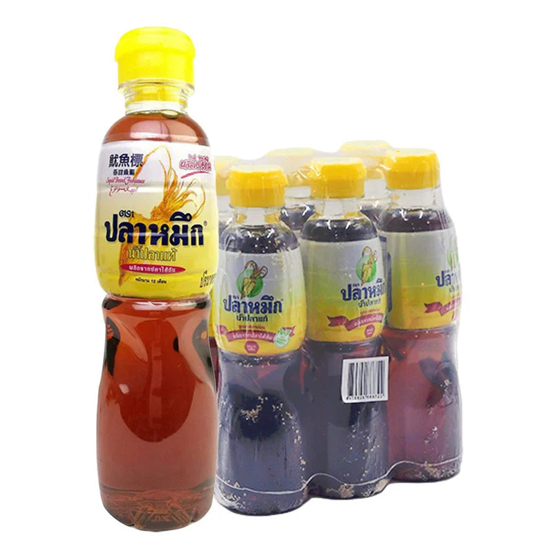 Squid Brand yellow fish sauce bottle, 280 ml, displayed in a six-pack, traditional Asian condiment for cooking and dipping.