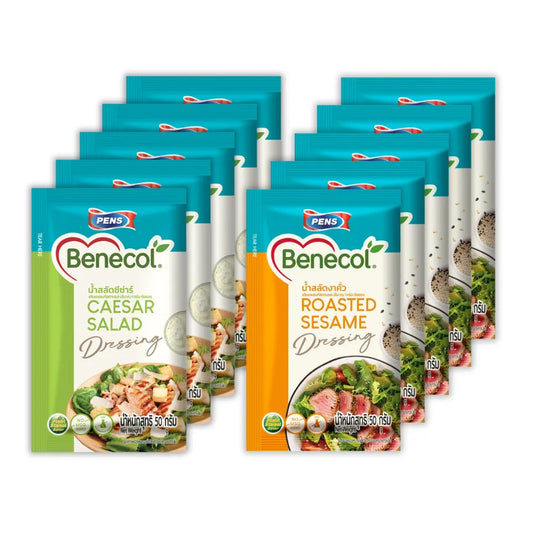 BENECOL salad dressing set with roasted sesame and Caesar flavors in 50g bottles, ideal for salads and dressings.