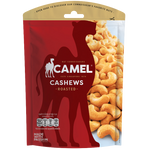 Camel salted cashews, roasted confectionery snack with salted coating, shown in a close-up image.