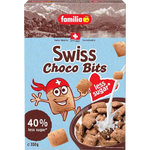 Familia Swiss Choco Bit Less Sugar confectionery snacks with chocolate pieces and nuts, displayed in a transparent package.