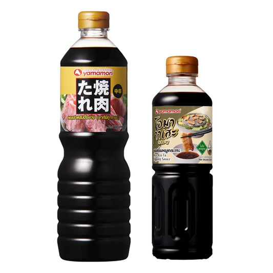 YAMAMORI Yakiniku Tare 1L and Moo Kra Ta Dipping Sauce 200mL bottles, Japanese-style sauces with rich flavors and savory appearance