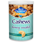 Blue Diamond Honey Roasted Cashews, confectionery snack with golden honey glaze and roasted cashews, close-up view.