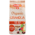 Familia Bio Organic Fruit Nut Muesli in a bowl with fresh fruits and nuts, showcasing a healthy, organic breakfast option.
