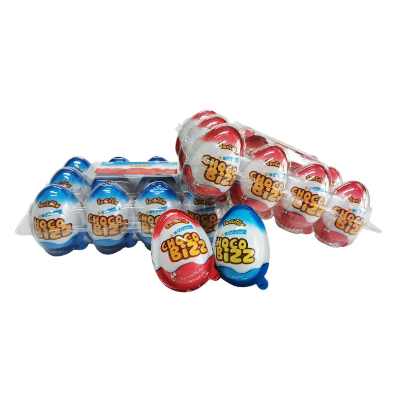 Choco Bizz Chocolate Flavour Confectionery 12g pieces, individually wrapped, showing rich chocolate coating and colorful packaging.