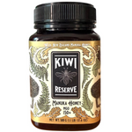 Jar of Kiwi Reserve NZ Monofloral Manuka Honey MGO 150+ with golden honey visible inside the glass container.