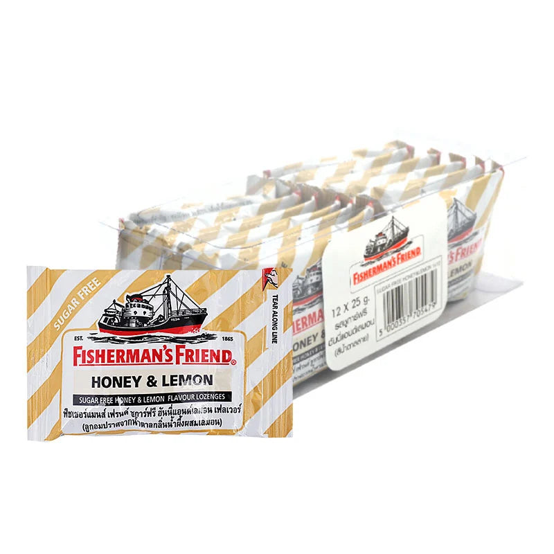 Fisherman's Friend Honey Lemon Lozenges 12 pack, showing individually wrapped throat lozenges with lemon and honey flavor.