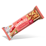 Poppins Granolies Oat Bar in Strawberry Cheesecake flavor, showing a close-up of the snack bar with oats and strawberry cheesecake ingredients.