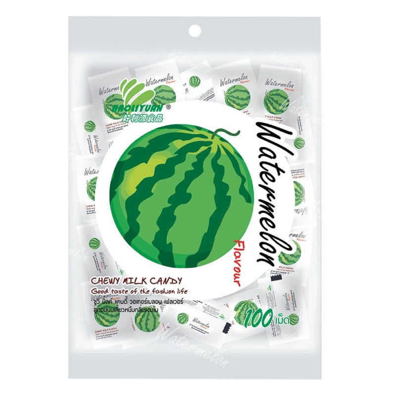 HAOLIYUAN Chewy Milk Watermelon Candy 360g, 100 pieces, showing colorful watermelon-shaped chewy candies in a clear container.