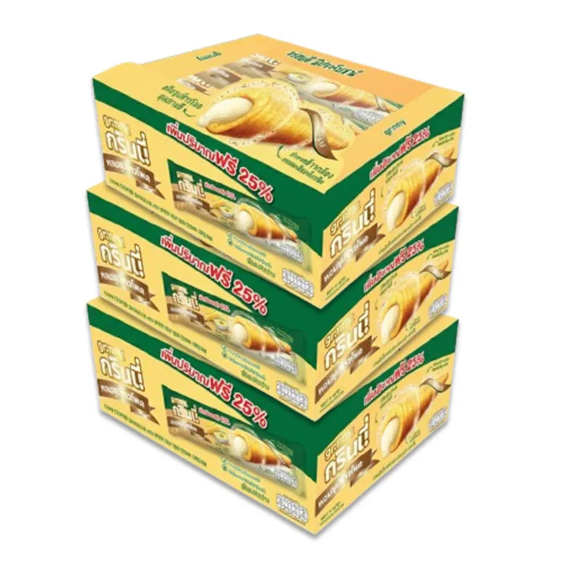 Grinny Corn Coated Snack filled with butter corn cream, 15g box, 12 pieces per pack, three packs, snack with crunchy coating and creamy filling