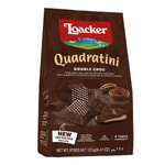 Loacker Quadratini Double Choc confectionery snacks featuring layered chocolate wafers in a clear package.