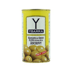 Yabara olives with anchovies in a glass jar, showcasing the savory olive and anchovy mixture, ready for garnishing or snacking.