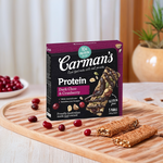 Carman's Dark Chocolate and Cranberry Protein Bar, healthy grocery snack with rich dark chocolate and dried cranberries.