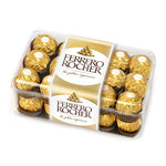 Ferrero Rocher chocolate box containing 30 pieces, 375g, in gold foil wrapping with hazelnuts and chocolate, from Ferrero Rocher brand.