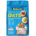 Steel cut oats in a package from Mcgarrett, showing the product label and oats inside for a nutritious breakfast option.