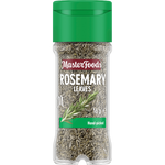 Fresh Masterfoods rosemary leaves in a clear container, showcasing aromatic green sprigs for cooking and seasoning.