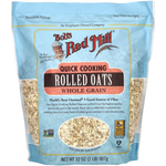 Bob's Red Mill Quick Cooking Rolled Oats in a package, ready for breakfast or baking, with a clear view of the product label.