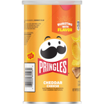Pringles Cheddar Cheese snack can with crispy, golden chips showing the cheddar cheese flavor on the packaging.