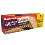 Huntley & Palmers Sesameal Cracked Pepper confectionery snacks in a clear package with visible sesame and cracked pepper ingredients.