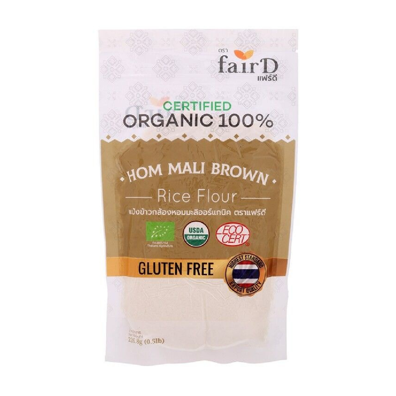 Organic Fair D Brown Hommali Flour in a bag, showcasing healthy grocery product with natural brown flour texture.