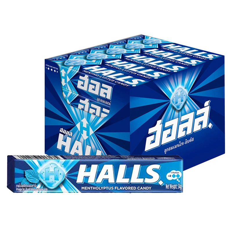 HALL'S Mentholiptus lozenges in a pack of 9 with 20 sticks each, featuring mint flavor and menthol for soothing relief.
