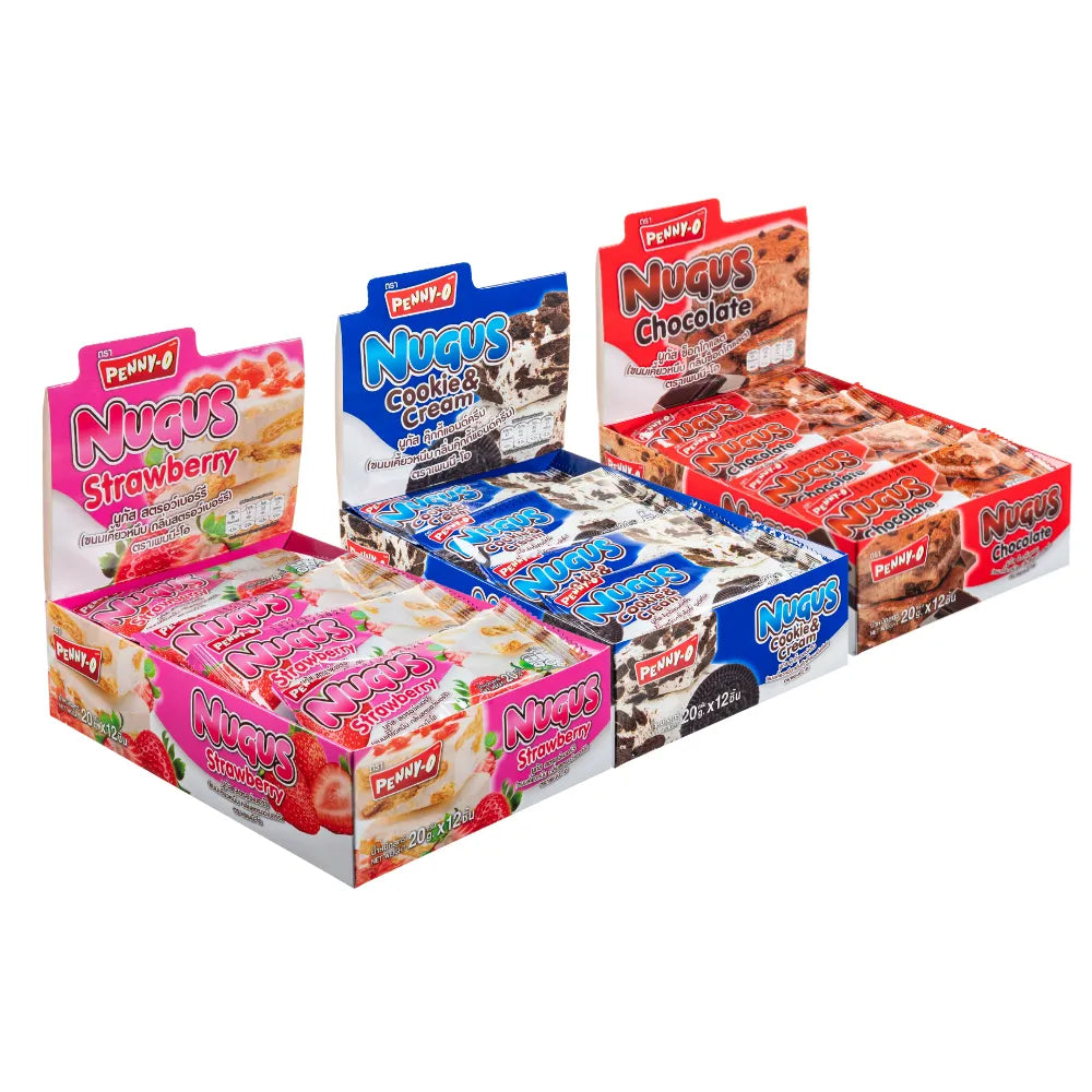 PENNYO Nugus cookie and cream, strawberry flavor pack with 12 mixed flavored snacks, featuring chocolate and fruity cookie treats.