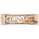 Corny White Chocolate snack bar from Corny grocery brand, showing a close-up of the white chocolate-coated cereal bar.