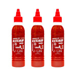 J-LEK Sriracha Chili Sauce with tomatoes, 235g bottle, dry grocery product showcasing the spicy red sauce in a clear glass bottle