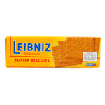 Bahlsen Leibniz Butter Biscuits arranged on a plate, showcasing their golden, crunchy texture and classic rectangular shape.