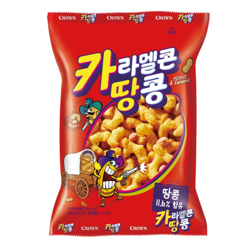 CROWN Caramel Corn and Peanut snack in 72g bag, featuring caramel-coated popcorn with peanuts, in a colorful packaging.