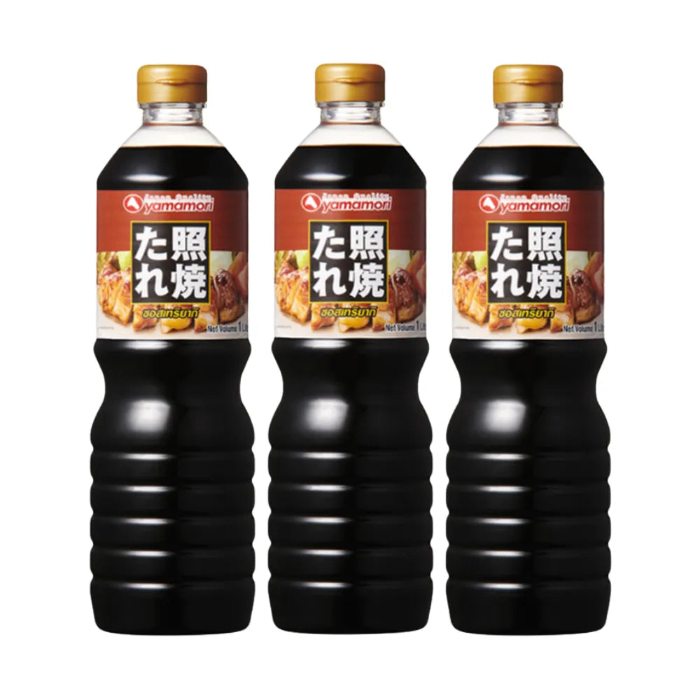 YAMAMORI Teriyaki Sauce 1L bottle, set of three, with label showing Japanese-inspired design and glossy sauce inside