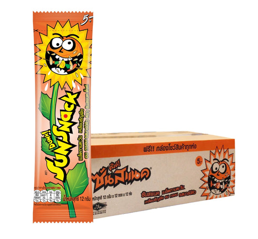 SUNSNACK Bar-B-Q flavor snack pack, 12g x 12, featuring crispy snack bites with smoky barbecue seasoning.