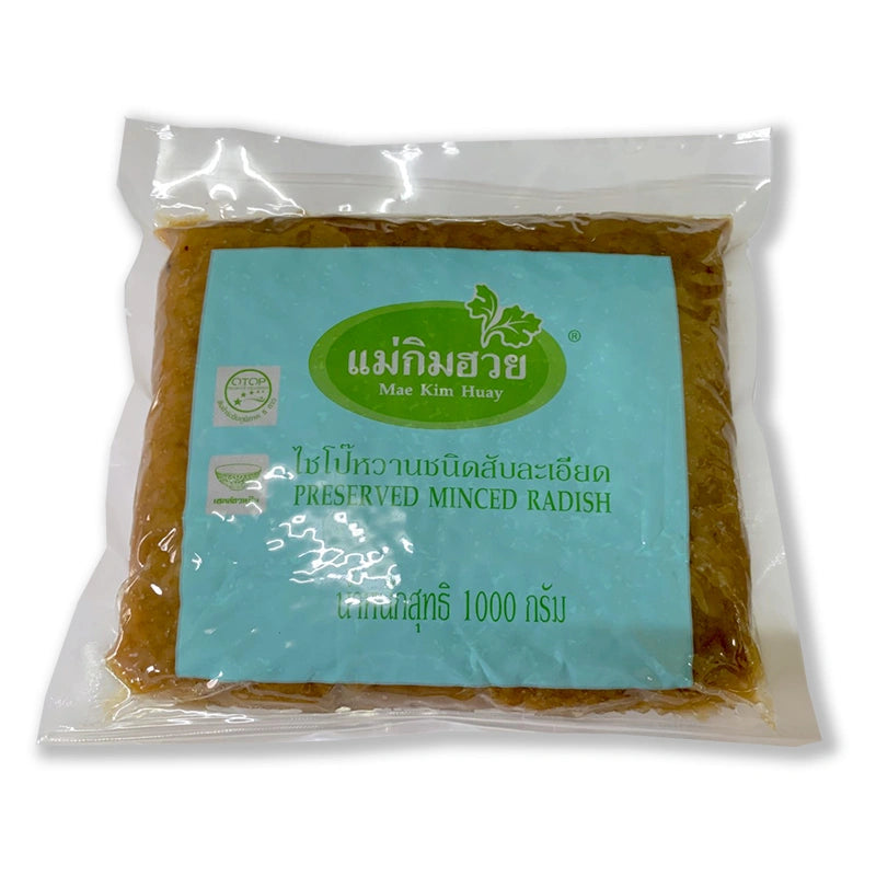 Mae Kim Huay mince sweet picked, 1 kg jar, showcasing the jar filled with savory, sweet pickled minced vegetables.