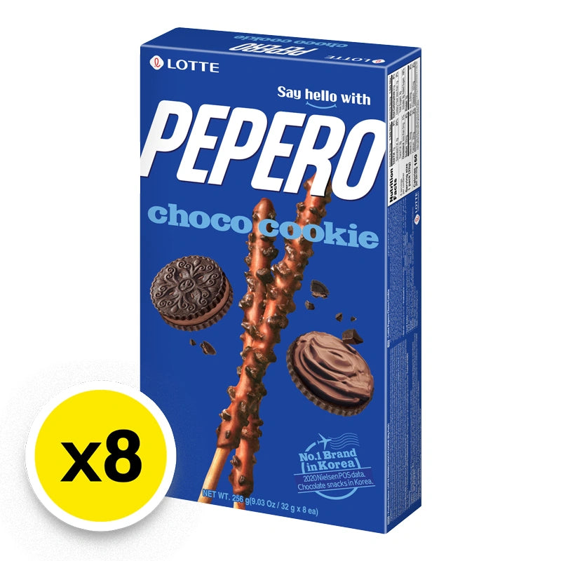 LOTTE Pepero biscuit sticks with chocolate and cookie flavor, arranged in a large box of 8 packs, 32g each.