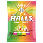 Halls Mixed Fruit confectionery snacks featuring colorful assorted fruit-flavored candies in a clear package.