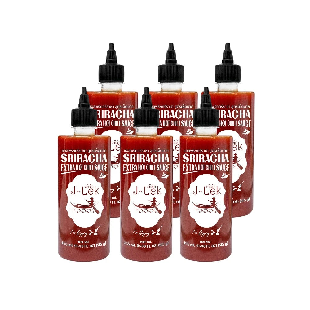 Six bottles of J-LEK Sriracha Chili Sauce Extra Spicy 455 mL each, featuring bright red sauce in clear glass bottles.