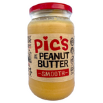 Creamy Pic's Peanut Butter Smooth jar showing smooth peanut butter spread in a clear glass jar with a label.