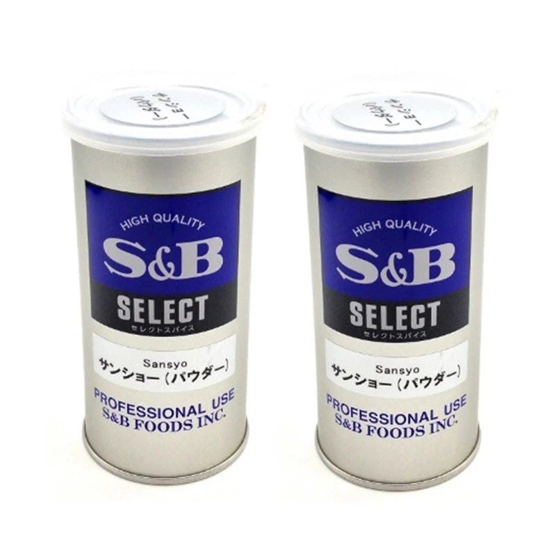 S & B Japanese pepper powder cans, 65g each, used for grilled unagi, yakitori chicken, and teriyaki fish dishes.