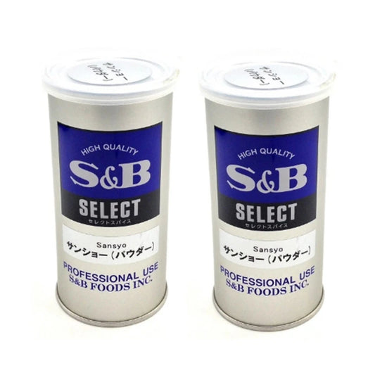 S & B Japanese pepper powder cans, 65g each, used for grilled unagi, yakitori chicken, and teriyaki fish dishes.