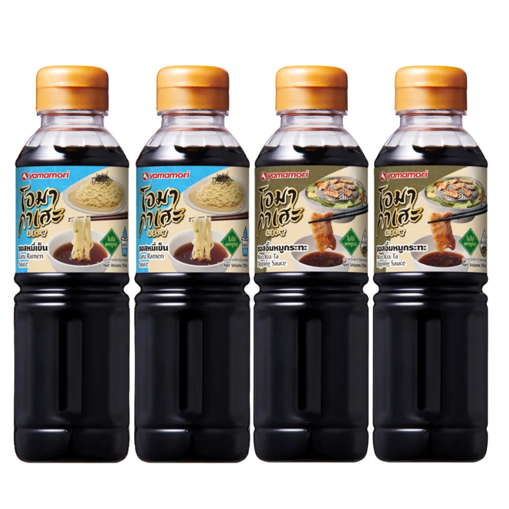 OMAKASE Zaru Ramen Sauce and Moo Kra Ta Dipping Sauce in 200ml bottles, double pack, with Japanese-style sauce bottles on a wooden surface.