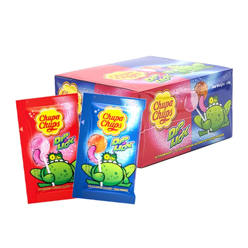 Chupa Chups Dip & Lick Strawberry and Cola flavor lollipops in 9g packs, showing colorful lollipops with packaging.