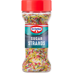 Colorful Dr. Oetker sugar strands for baking and decorating desserts, displayed in a clear container.