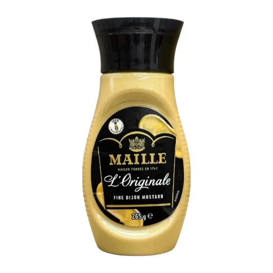 Maille Squeeze Dijon mustard bottle with yellow cap and label, showcasing smooth mustard inside a clear plastic container.
