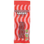 Sainsbury's strawberry laces sweets, colorful chewy confectionery snack with twisted strawberry flavor strands.