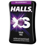 Halls XS Blueberry confectionery snacks in a colorful package, featuring blue and purple hues and images of blueberries.