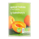 Sainsbury's apricot halves in fruit juice in a can, ready for use in desserts or recipes, with bright orange apricots visible.