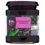 Sainsbury's Taste The Difference blackcurrant conserve jar with blackcurrants and golden preserve visible inside, on a white background.