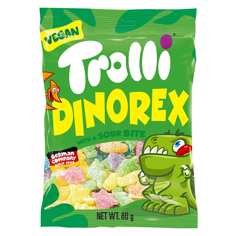 TROLLI Gummy Dino Rex 80 g bag showing colorful dinosaur-shaped gummy candies on a white background.