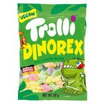 Trolli Gummy Dino Rex 80g snack featuring colorful, chewy gummy dinosaurs from the confectionery brand Trolli.