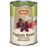 Canned D'Amico Organic Red Kidney Beans in a labeled grocery can with red beans inside, on a neutral background.